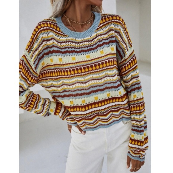 Sweaters - Boho striped pointelle knit sweater